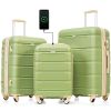 Luggage Set of 3, 20-inch with USB Port, Airline Certified Carry-on Luggage with Cup Holder, ABS Hard Shell Luggage with Spinner Wheels, light green