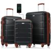 Luggage Set of 3, 20-inch with USB Port, Airline Certified Carry-on Luggage with Cup Holder, ABS Hard Shell Luggage with Spinner Wheels, black and bro