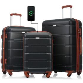 Luggage Set of 3, 20-inch with USB Port, Airline Certified Carry-on Luggage with Cup Holder, ABS Hard Shell Luggage with Spinner Wheels, black and bro