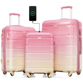 Luggage Set of 3, 20-inch with USB Port, Airline Certified Carry-on Luggage with Cup Holder, ABS+PC Hard Shell Luggage with Spinner Wheels, Gradient P