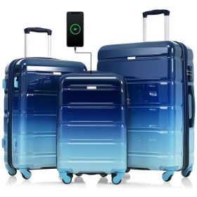 Luggage Set of 3, 20-inch with USB Port, Airline Certified Carry-on Luggage with Cup Holder, ABS+PC Hard Shell Luggage with Spinner Wheels, Gradient B