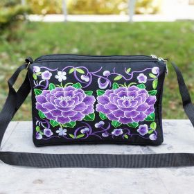 Female Antique Double Sided Embroidery One-shoulder Crossbody Bag (Option: Purple Peony)