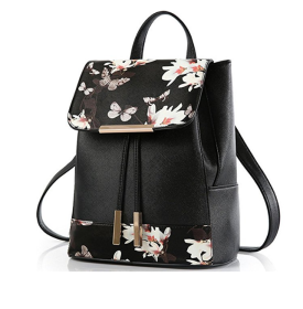 Shoulder Bag Rucksack PU Leather Backpack Travel (Color: Flower Black, size: M)