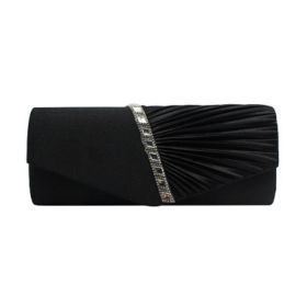 Evening Clutchbag Womens Pleated Crystal-Studded Satin Handbag Party Handbag (Color: Black)